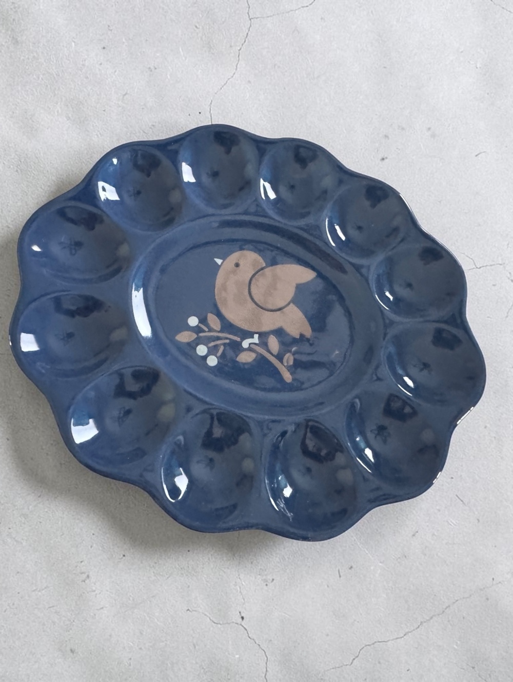 Mid-Century Modern Blue Ceramic Deviled Egg Plate with Bird Motif